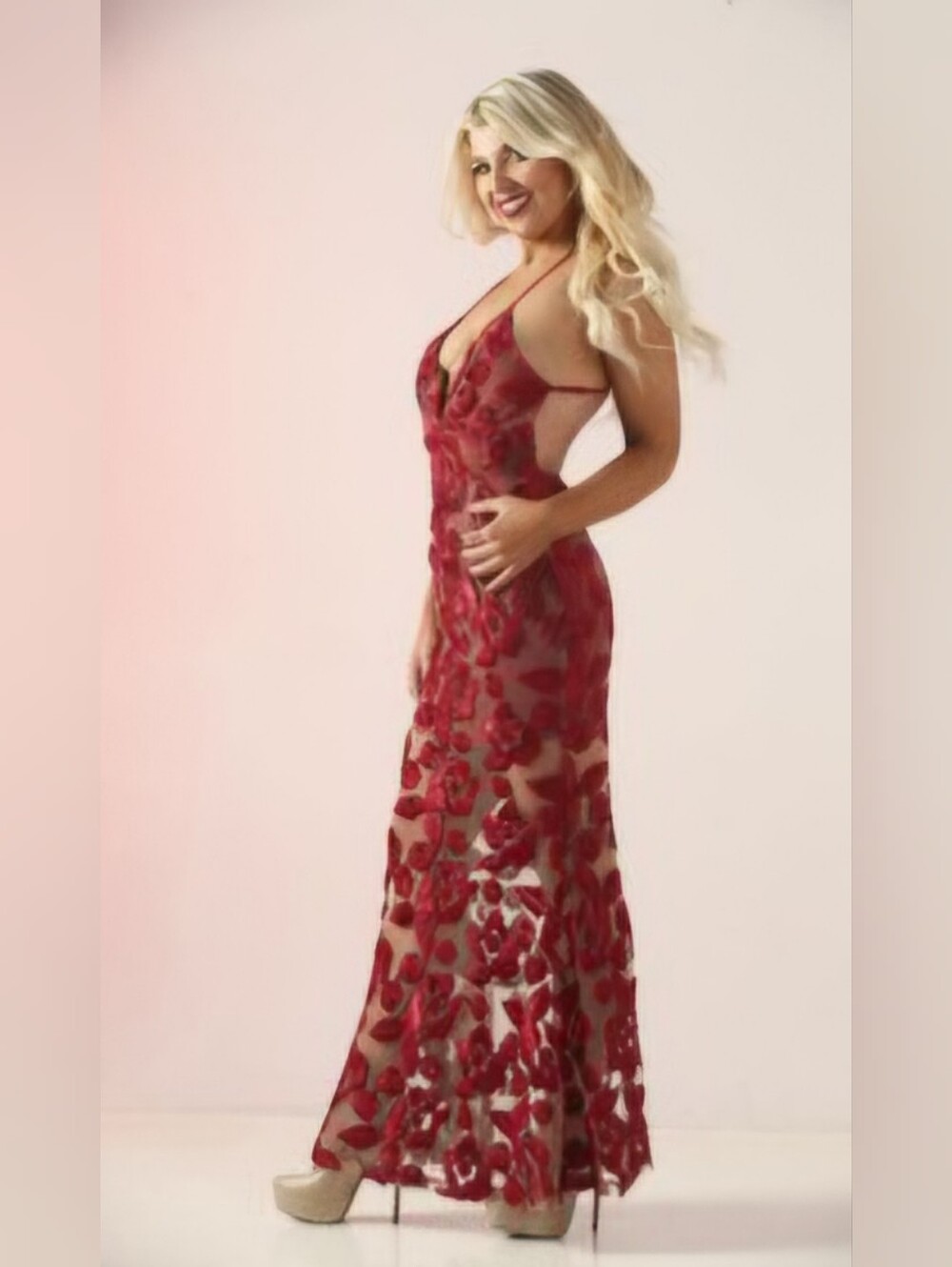 Starlette Red Velvet Floral Sheer Mesh Maxi Dress - Open Criss-Cross Back (Size - Picture 3 of 12